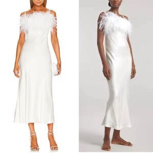 SLEEPER Boheme Feather-trimmed Midi Slip Dress in Ecovero White